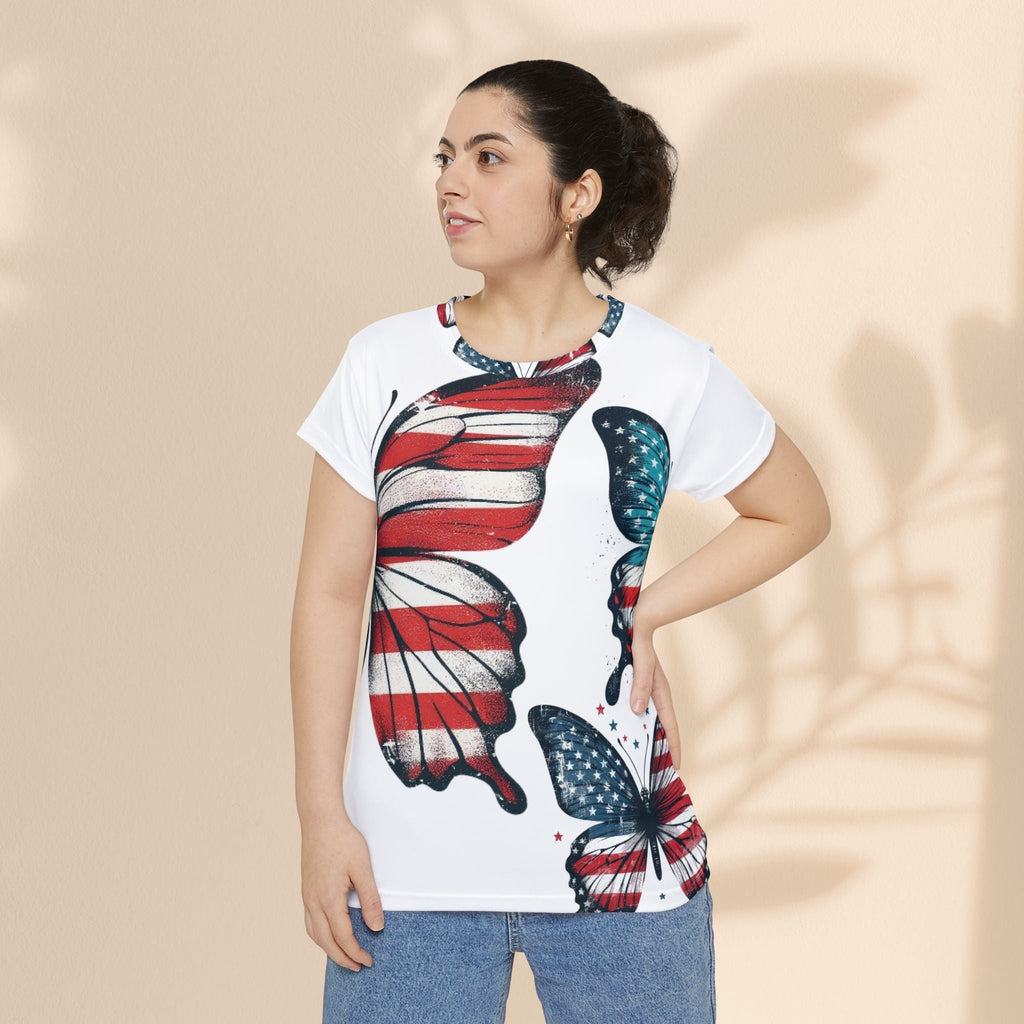 Patriotic Butterfly Tee for Women - Short Sleeve American Flag Shirt
