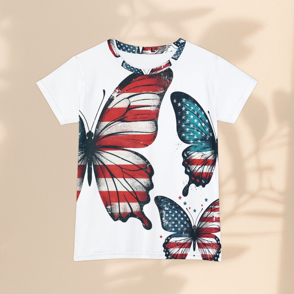 Patriotic Butterfly Tee for Women - Short Sleeve American Flag Shirt