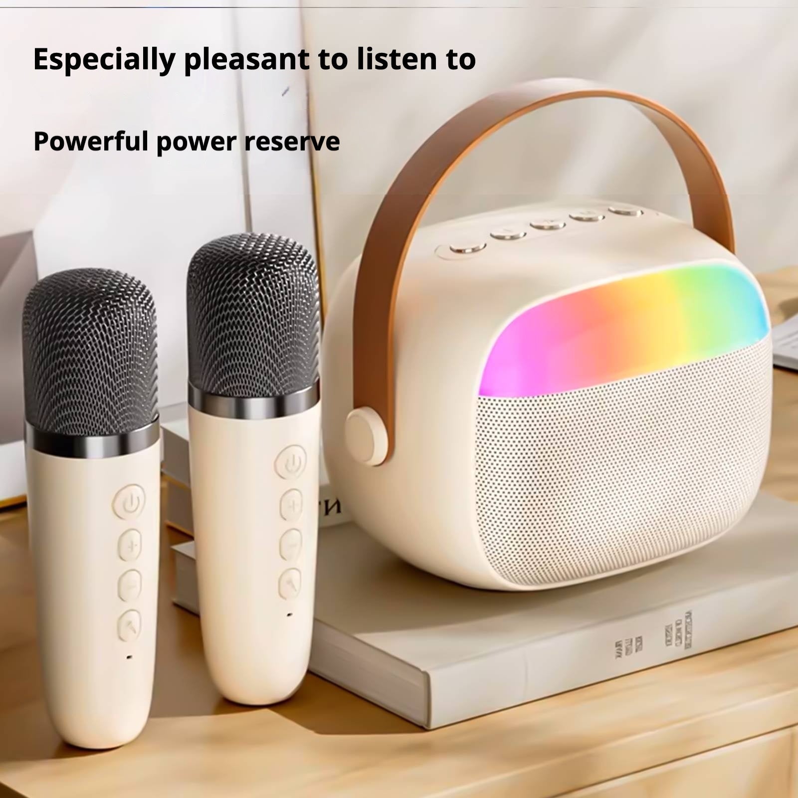 KP-K08 Bluetooth Karaoke Speaker In Stock Features RGB Ambient Lighting Long Battery Life And Powerful Bass Includes Two Microphones A Best-selling Item