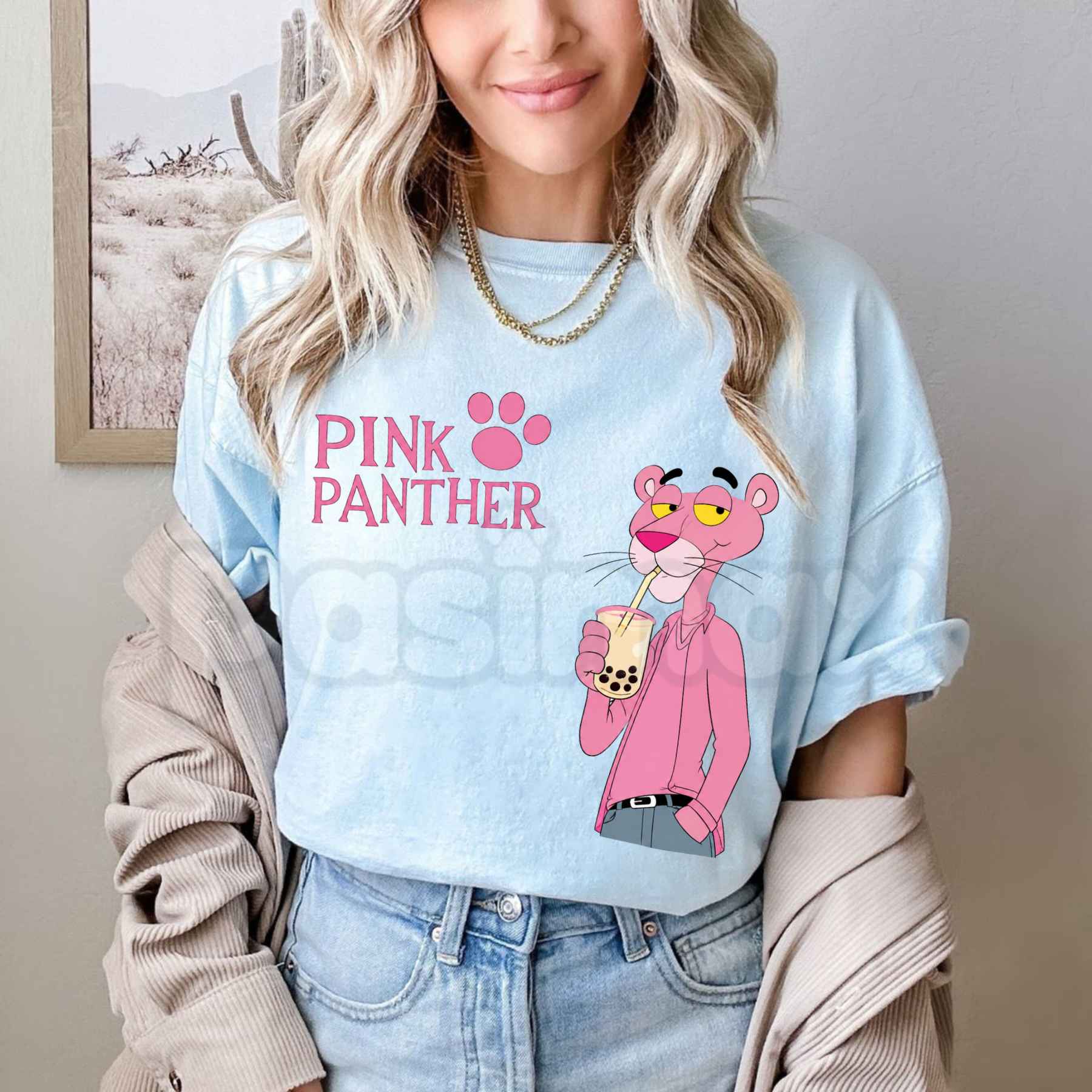 Pink Panther Bubble Tea Graphic T-Shirt – Cute Boba Cartoon Unisex Cotton Tee