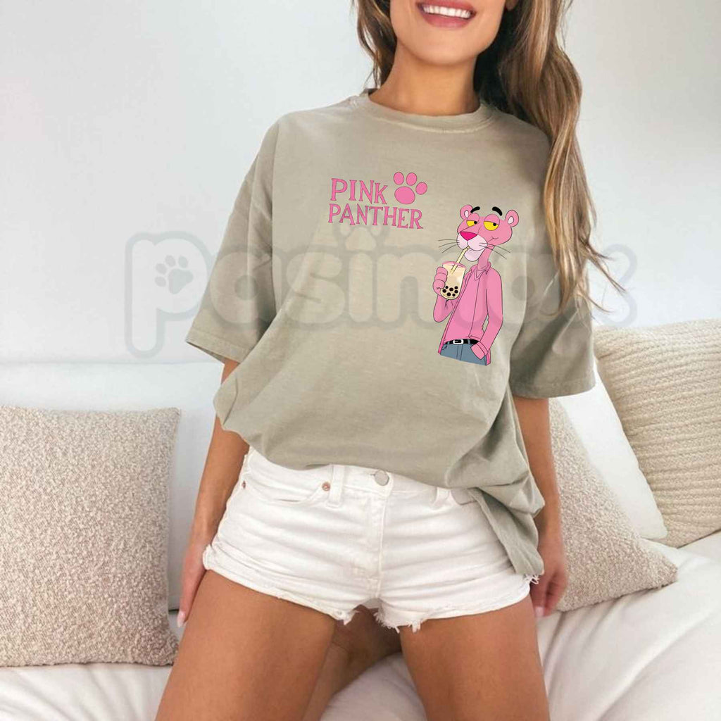 Pink Panther Bubble Tea Graphic T-Shirt – Cute Boba Cartoon Unisex Cotton Tee