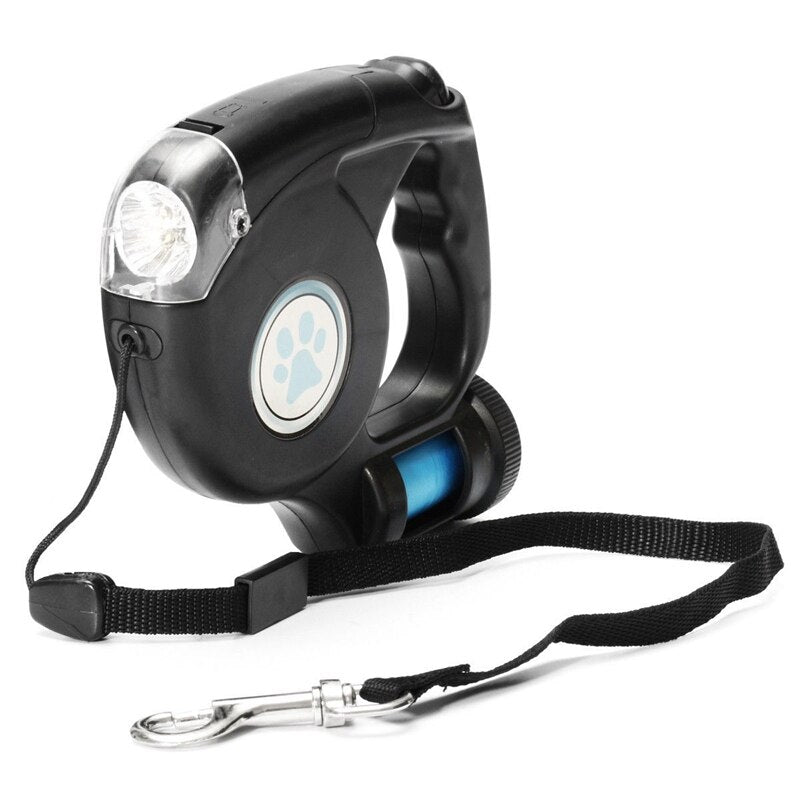 4.5M LED Flashlight Extendable Retractable Pet Dog Lead Leash with Disposable Poop Bag