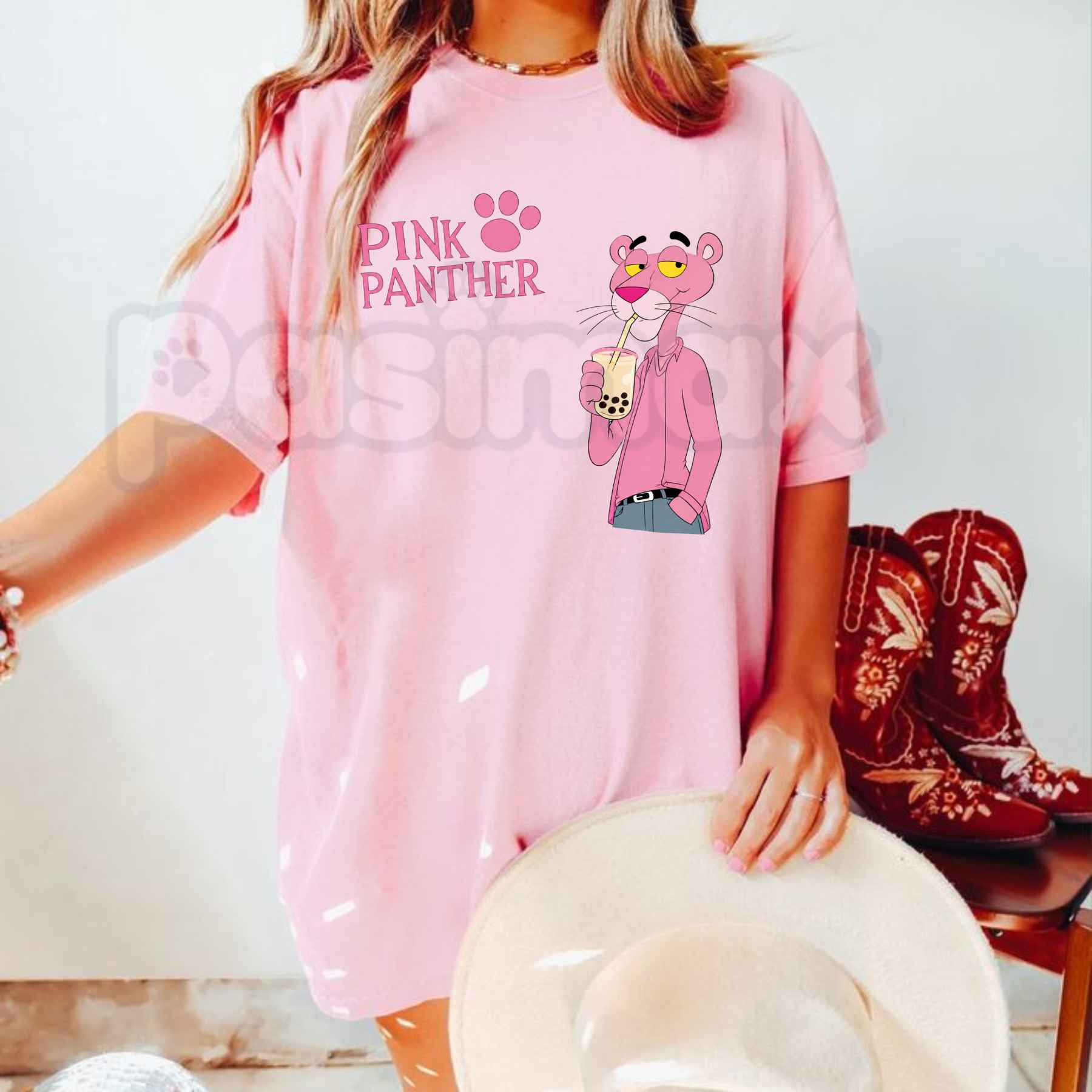 Pink Panther Bubble Tea Graphic T-Shirt – Cute Boba Cartoon Unisex Cotton Tee
