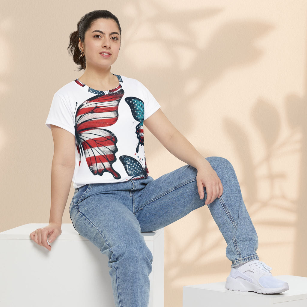Patriotic Butterfly Tee for Women - Short Sleeve American Flag Shirt