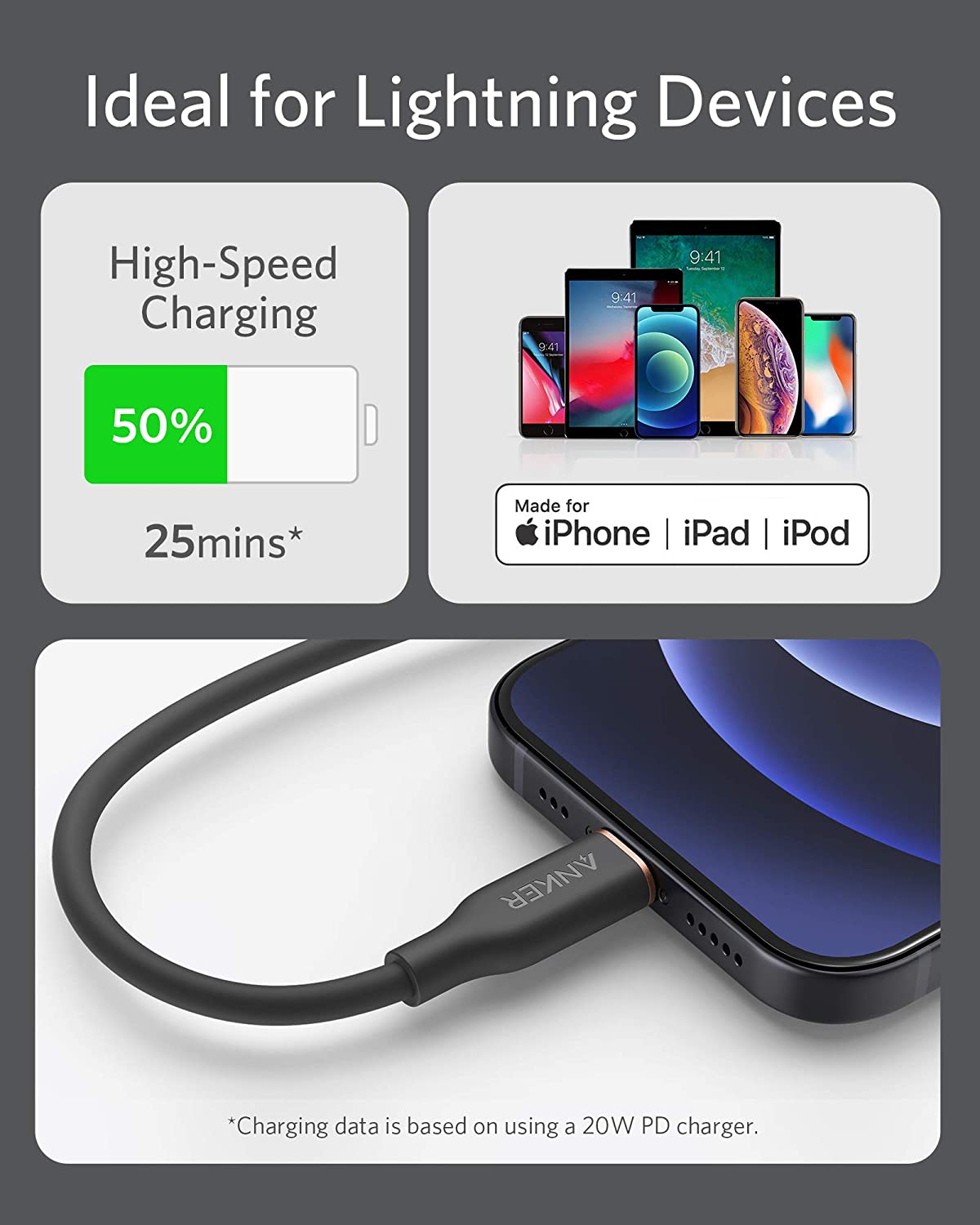 Anker <b>641</b> USB-C to Lightning Cable (Flow, 3 ft Silicone)