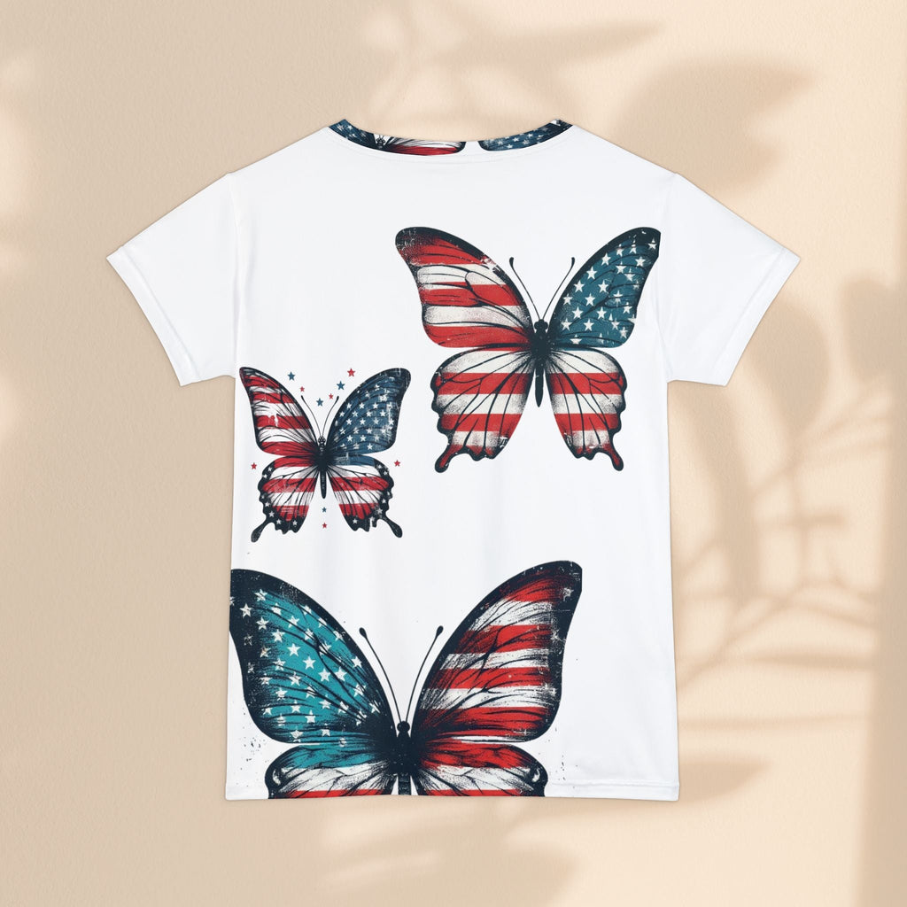 Patriotic Butterfly Tee for Women - Short Sleeve American Flag Shirt