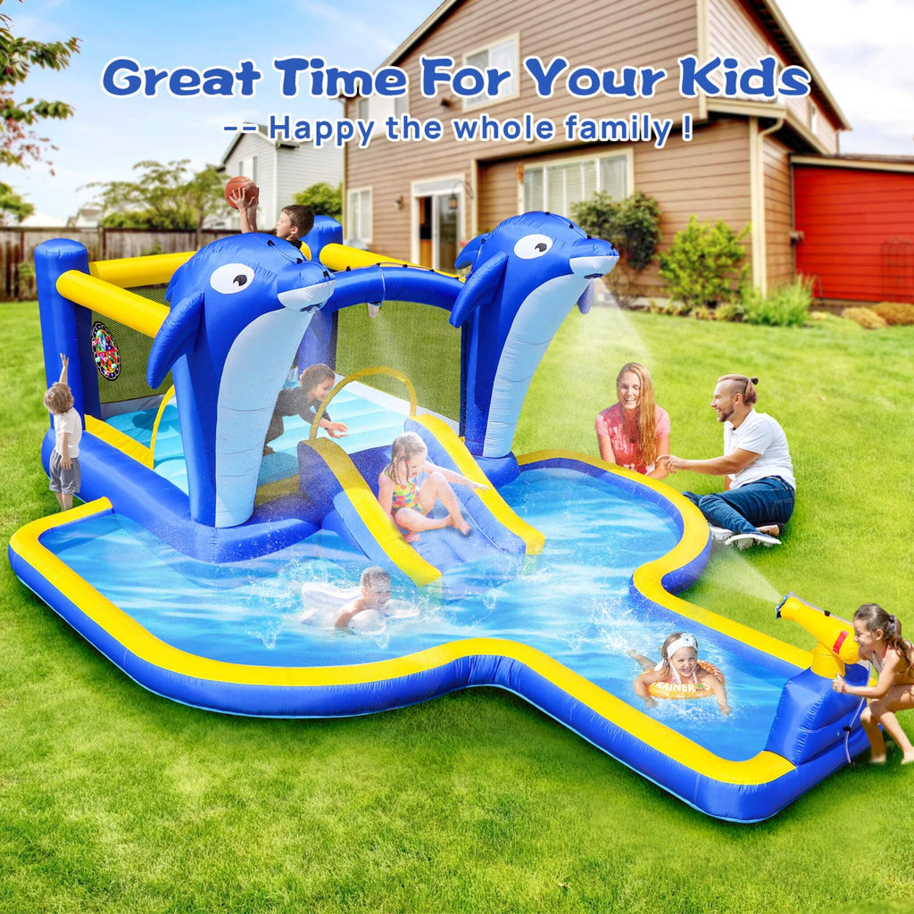 8-In-1 Inflatable Water Park Bounce House with Sprinkler, Water Gun, And Basketball Hoop (SAK38152)
