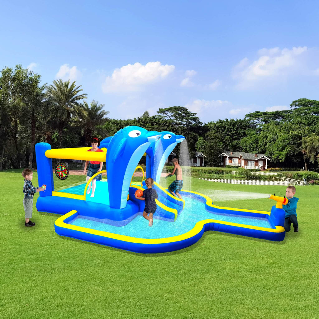 8-In-1 Inflatable Water Park Bounce House with Sprinkler, Water Gun, And Basketball Hoop (SAK38152)