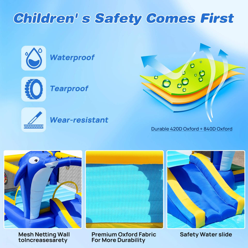 8-In-1 Inflatable Water Park Bounce House with Sprinkler, Water Gun, And Basketball Hoop (SAK38152)