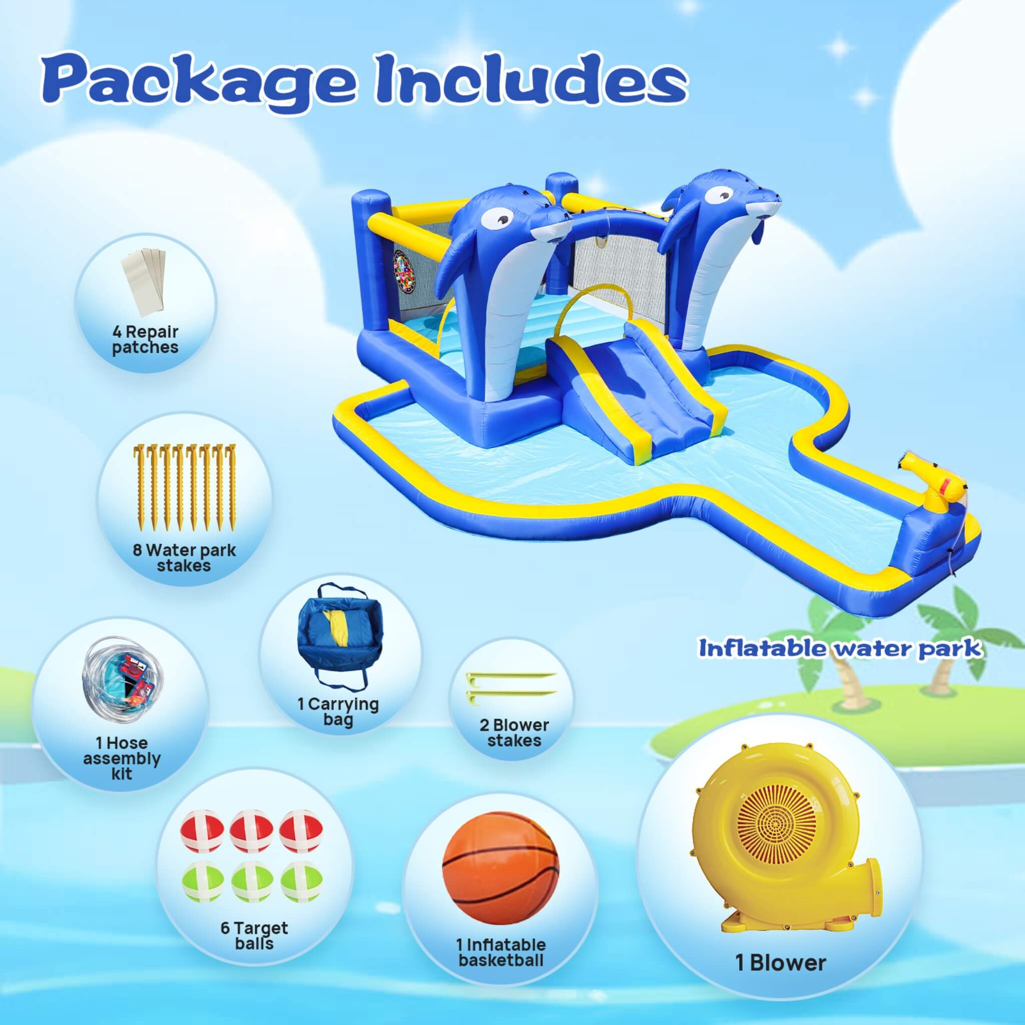 8-In-1 Inflatable Water Park Bounce House with Sprinkler, Water Gun, And Basketball Hoop (SAK38152)