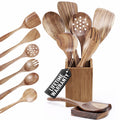STORE INDYA 8 Piece Wooden Spoons for Cooking,Wood Kitchen Cooking Utensil Set for Nonstick Pans and Cookware | Wooden Utensil Set with Spoon Rest and Holder | Lightweight, Heat Resistant, Non Toxic
