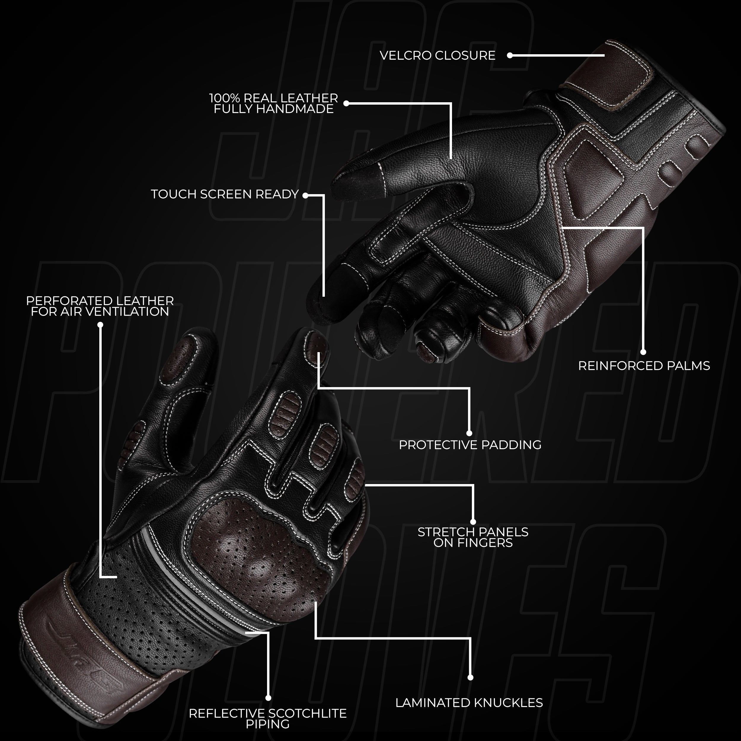 Ninja Leather Motorcycle Gloves with Black/Brown Knuckle Protection