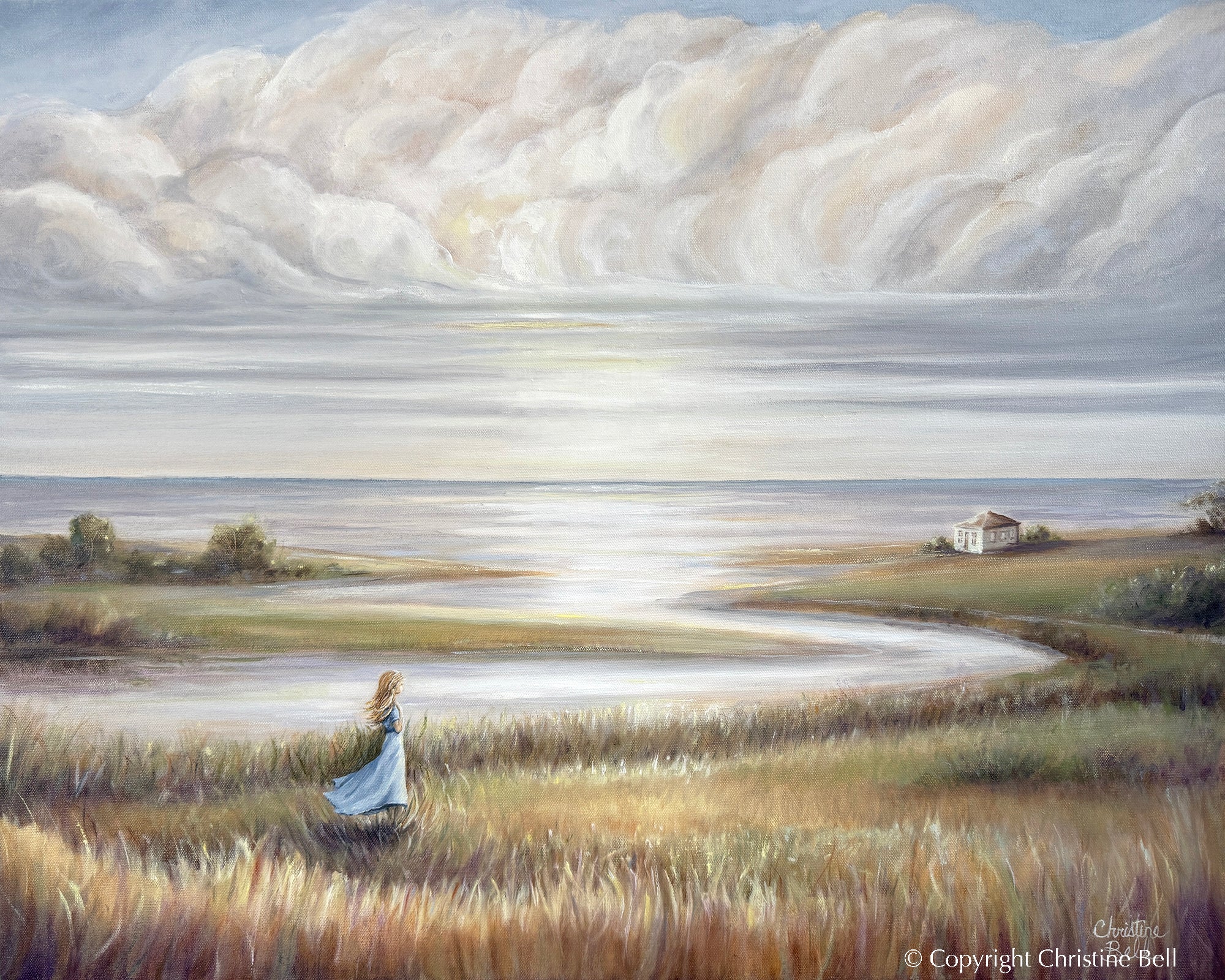 "In Her Own World" GICLÉE PRINT Landscape Oil Painting, Coastal Seascape Beach Figurative w/ Girl  30x24"
