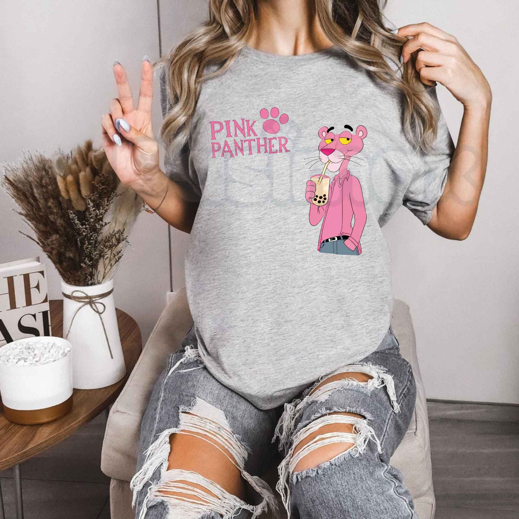 Pink Panther Bubble Tea Graphic T-Shirt – Cute Boba Cartoon Unisex Cotton Tee