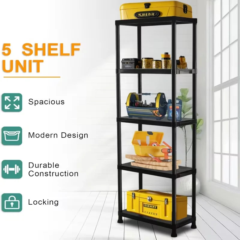 5-Layer Black Plastic Storage Rack Heavy Duty Adjustable Shelving Unit Sturdy Organizer for Home Kitchen Basement Garage Utility