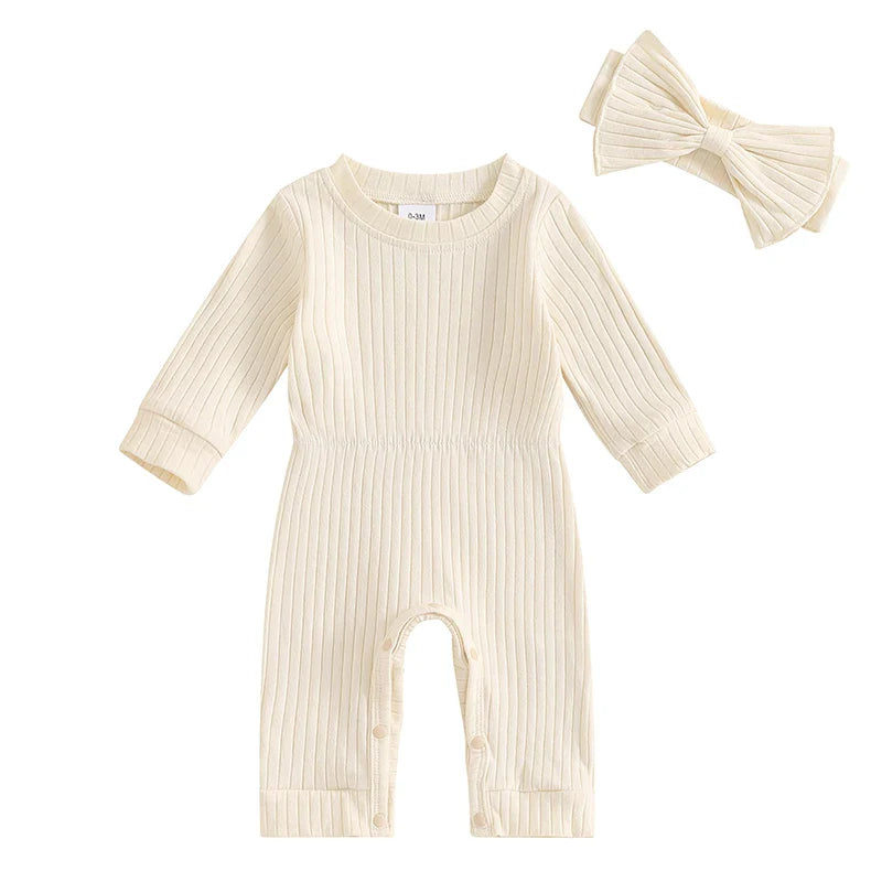Baby Girls 2Pcs Fall Outfit Long Sleeve Round Neck Ribbed Full Leg Jumpsuit with Headband Set