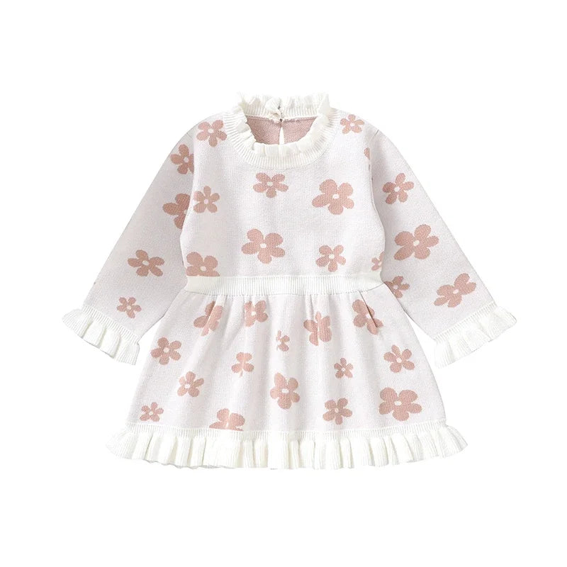Baby Toddler Girl Long Sleeve Flower Floral Print Ruffle Sweater A-Line Dress