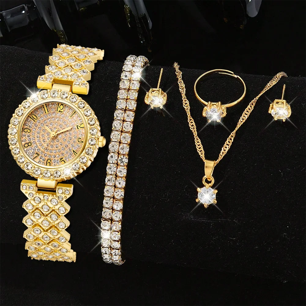 Luxury Women Gold Watch Fashion Ladies Quartz Diamond Wristwatch Elegant Female Bracelet Watches Set Reloj Mujer