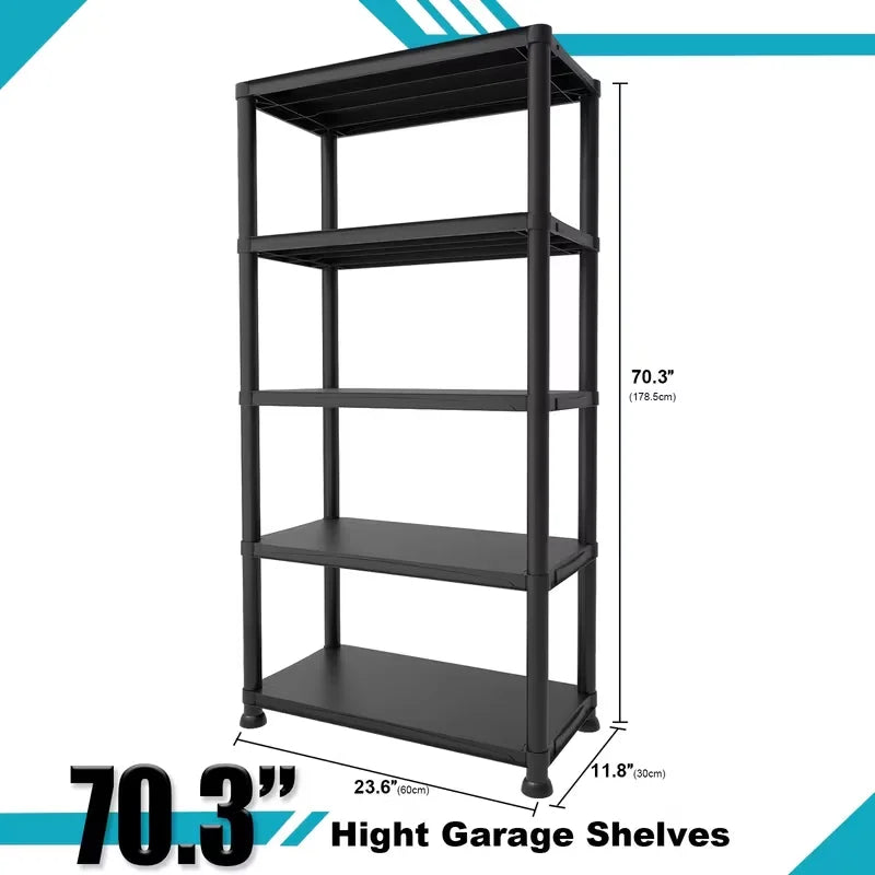 5-Layer Black Plastic Storage Rack Heavy Duty Adjustable Shelving Unit Sturdy Organizer for Home Kitchen Basement Garage Utility