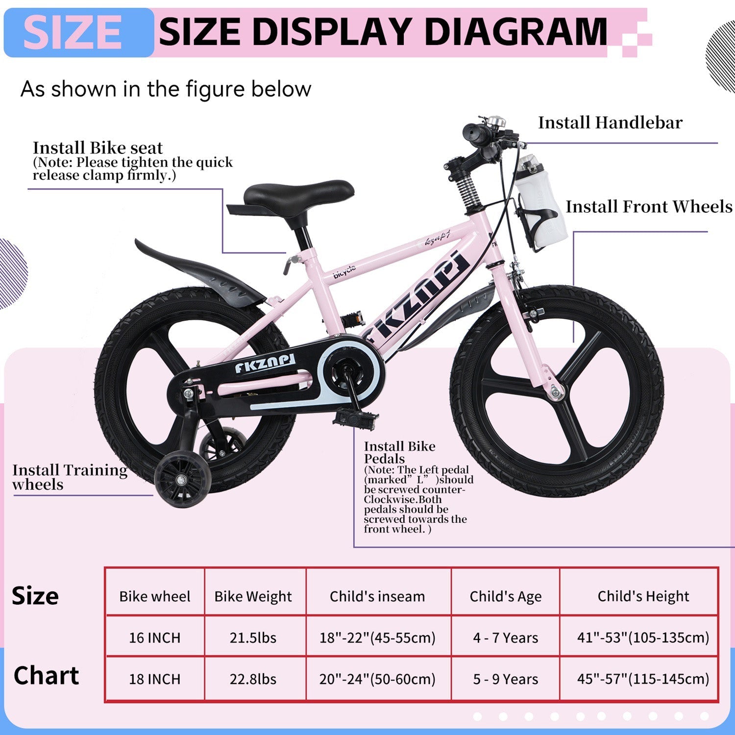 16-18 Inch Kids Bike with Training Wheels and Adjustable Seat