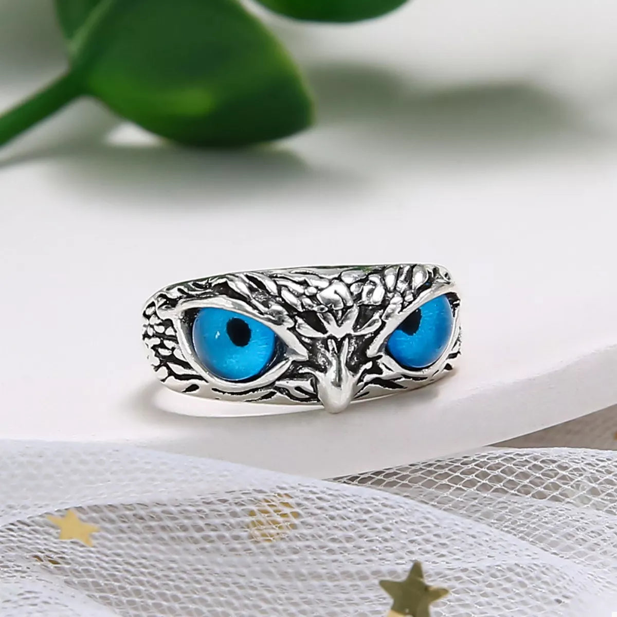 Blue Owl Eyes Silver Plated Ring