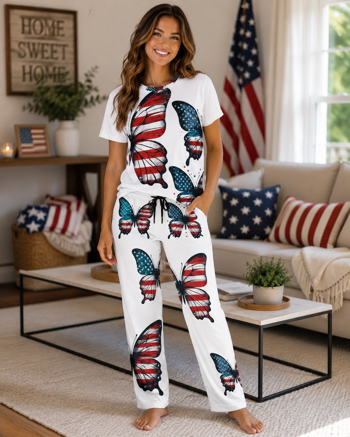 Patriotic Butterfly Tee for Women - Short Sleeve American Flag Shirt