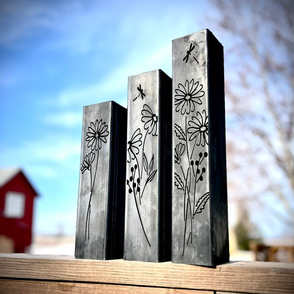 Glowing Daisies Luminary Pillars w/ Solar Cap