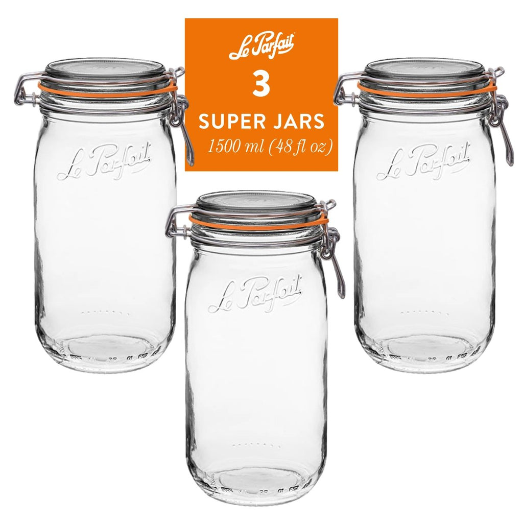 Le Parfait Super Jars, French Glass Canning Jars with Stainless Wire-Bail Clamp Lid