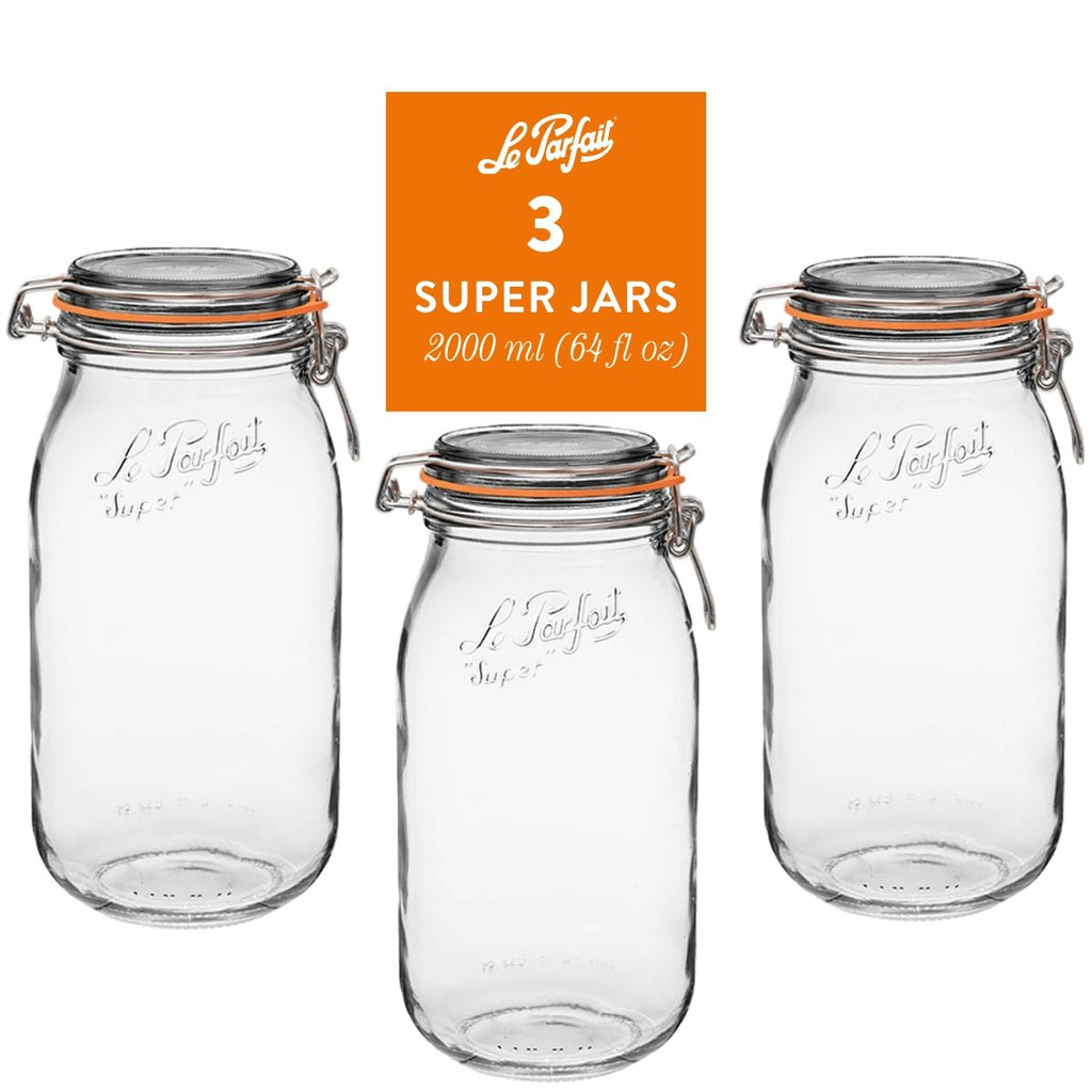 Le Parfait Super Jars, French Glass Canning Jars with Stainless Wire-Bail Clamp Lid
