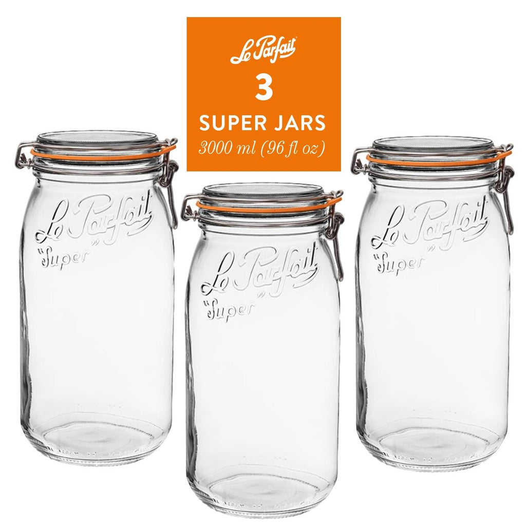 Le Parfait Super Jars, French Glass Canning Jars with Stainless Wire-Bail Clamp Lid
