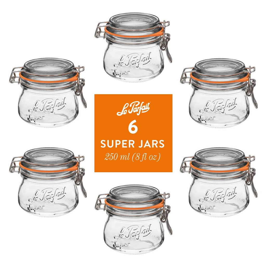 Le Parfait Super Jars, French Glass Canning Jars with Stainless Wire-Bail Clamp Lid
