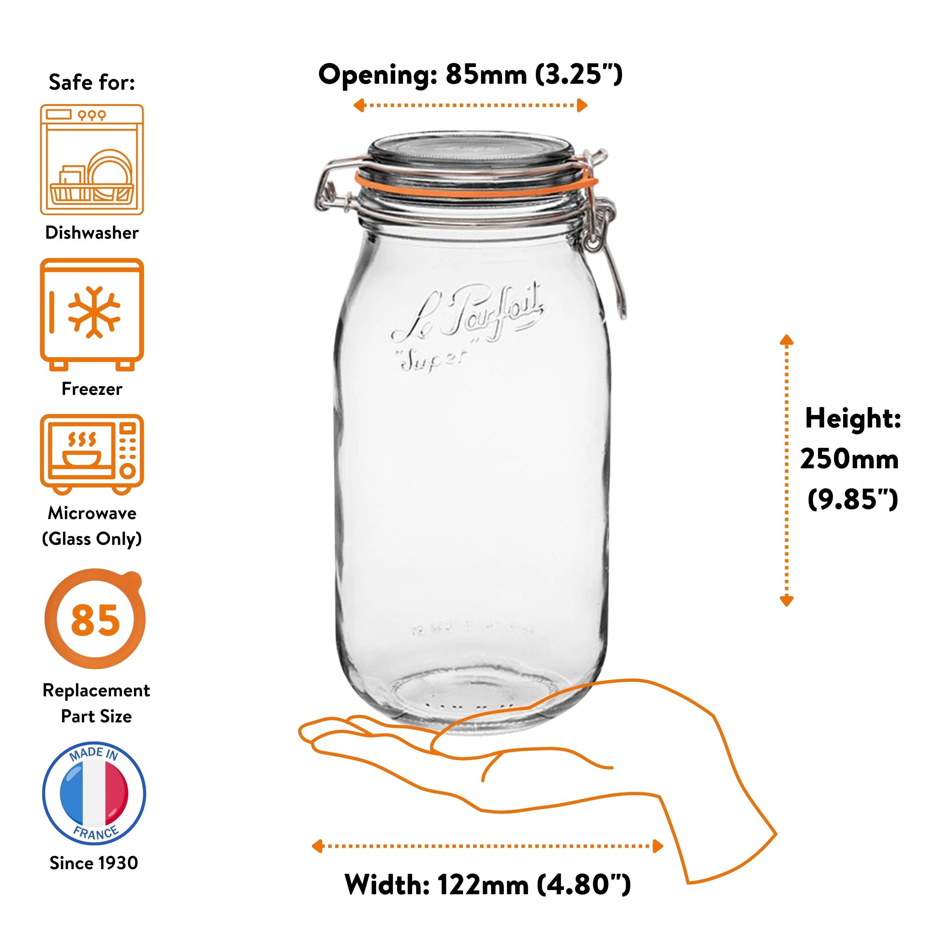 Le Parfait Super Jars, French Glass Canning Jars with Stainless Wire-Bail Clamp Lid