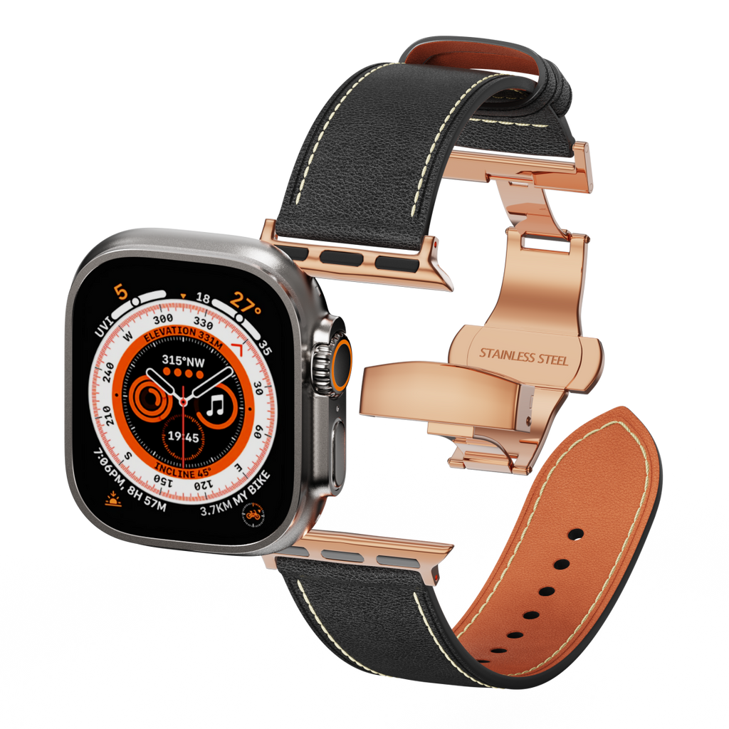 Genuine Leather Butterfly Clasp Band for Apple Watch,Rose Gold