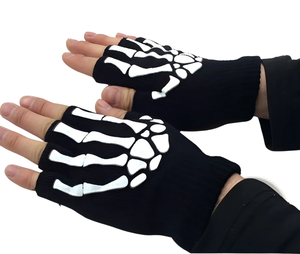 Skeleton Fingerless Gloves Black Knit