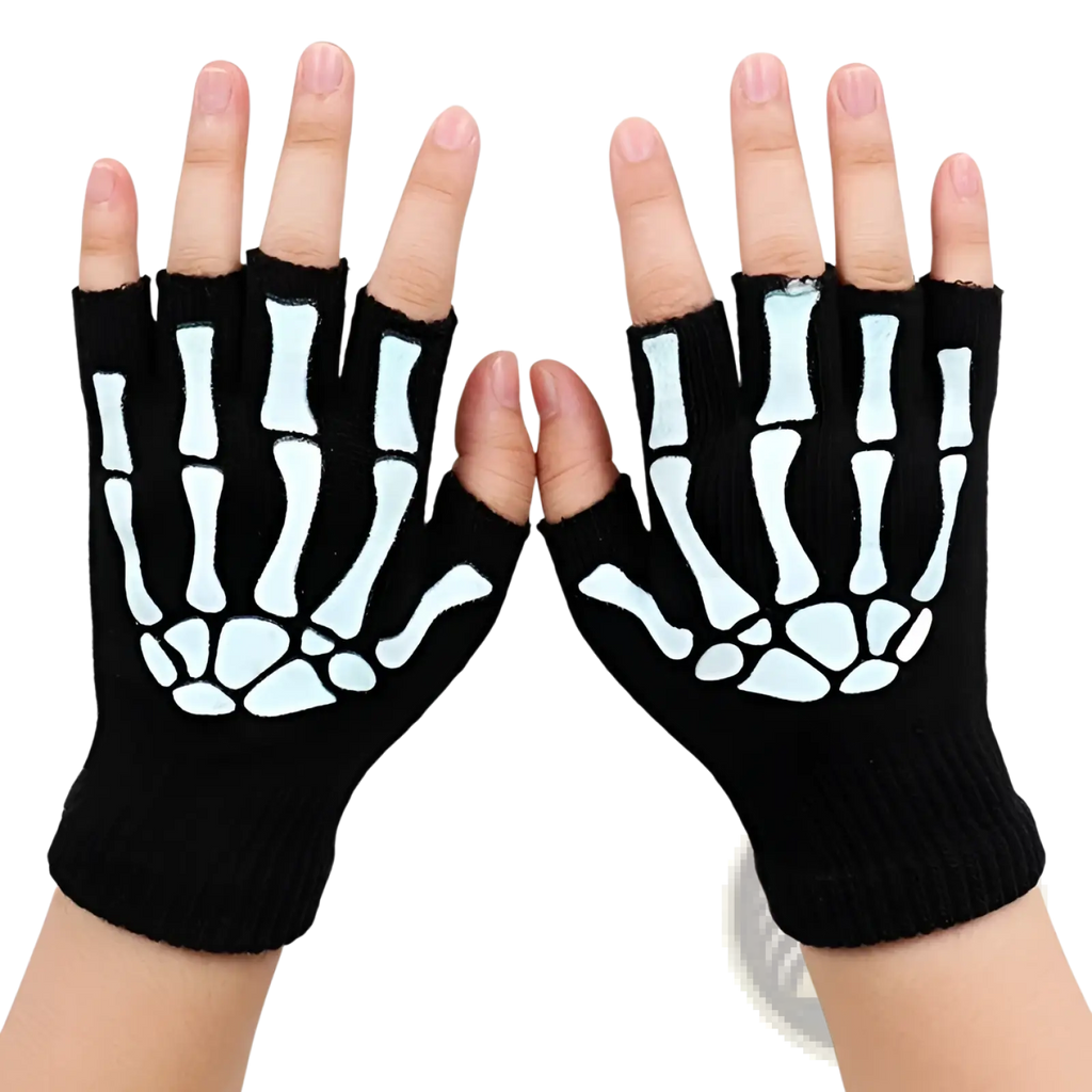 Skeleton Fingerless Gloves Black Knit
