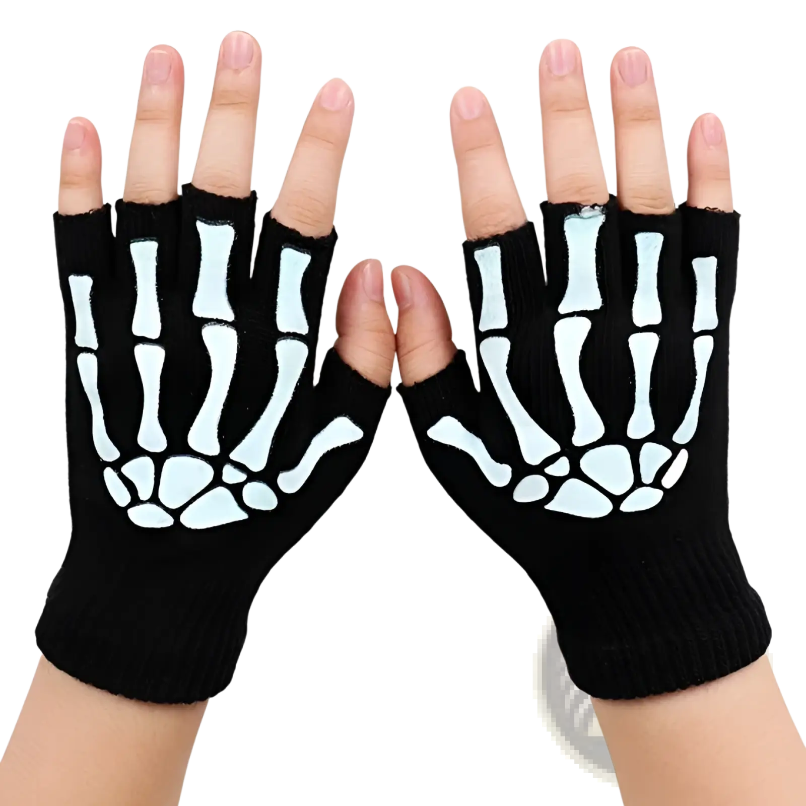 Skeleton Fingerless Gloves Black Knit