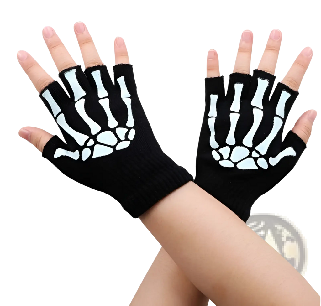 Skeleton Fingerless Gloves Black Knit