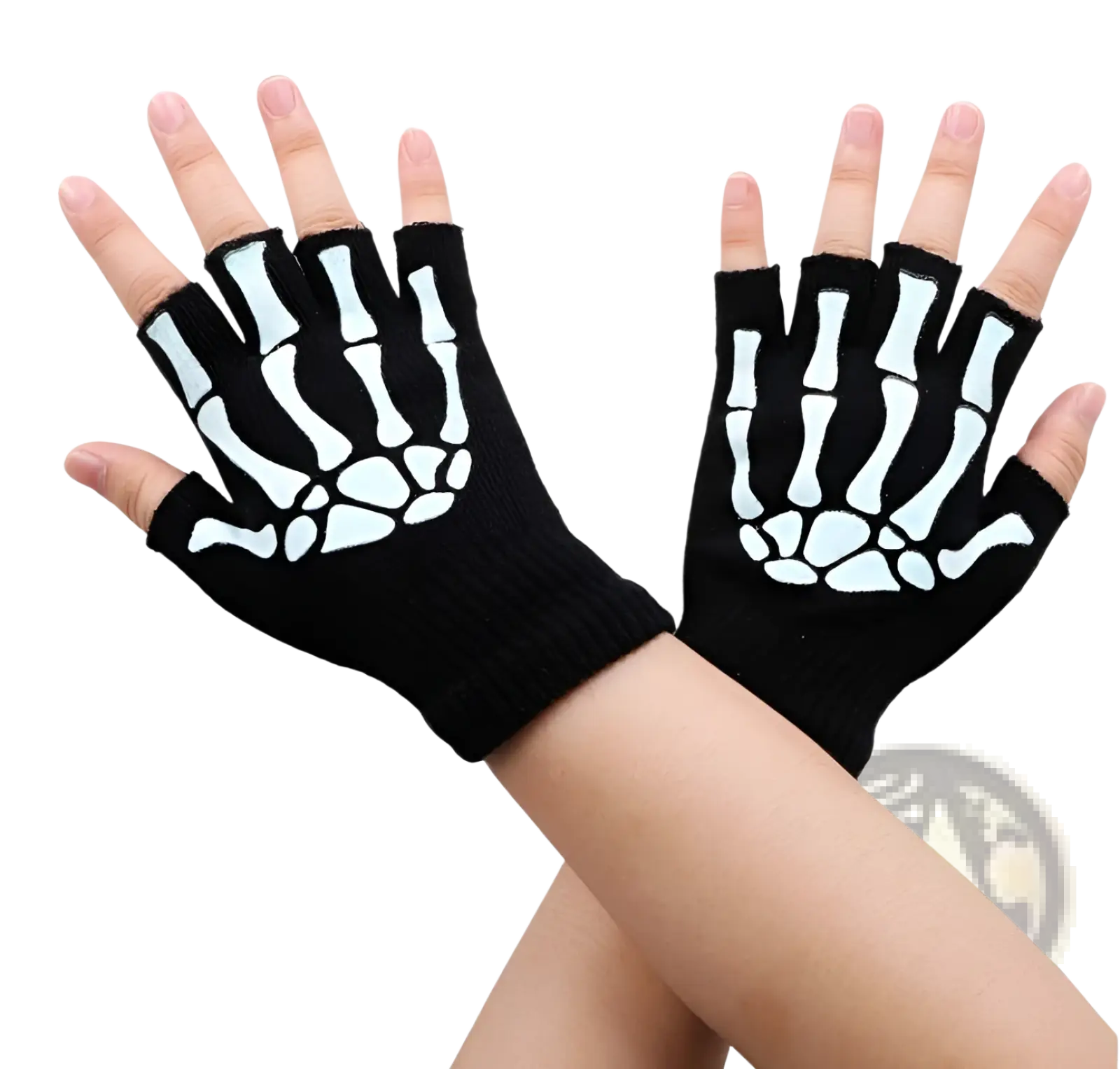 Skeleton Fingerless Gloves Black Knit